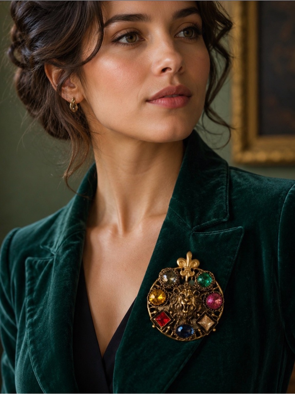 Gold Lion Multi-Gem Statement Brooch - Colorful Crystal Accents